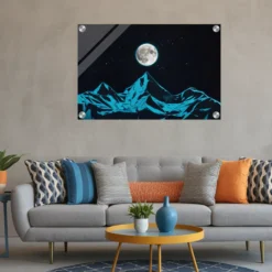 Modern Neon Blue Mountain Night Sky Acrylic Print - Image 5