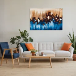 Abstract blue brown wall art minimalistic living room decor