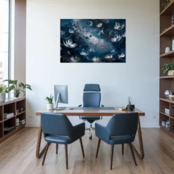 Modern blue themed office wall decor with abstract blue silver floral artwork