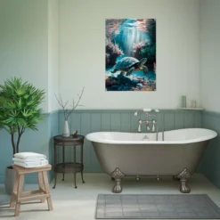 Teal-gray bathroom wall decor:- acrylic swimming turtle