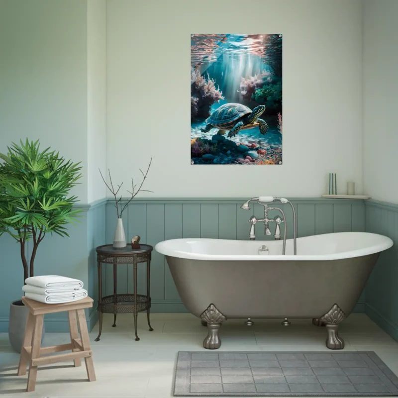 Swimming Turtle Bathroom wall art moisture-resistant teal-gray acrylic print in a styled modern bathroom