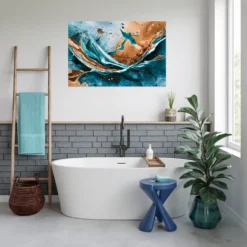 Blue themed bathroom wall decor fluid art metal print