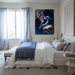Blue-white themed bedroom wall decor featuring celestial floral hummingbird print