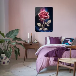 Purple pink themed bedroom decor featuring radiant rose acrylic wall hanging