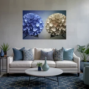 Large hortensia wall art contemporary living room blue beige colors