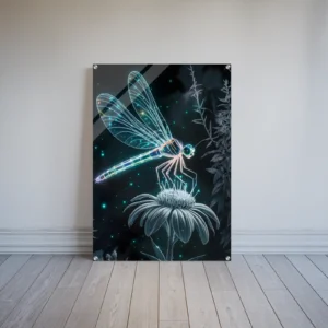 Bioluminescent dragonfly nocturnal garden acrylic print wall hanging