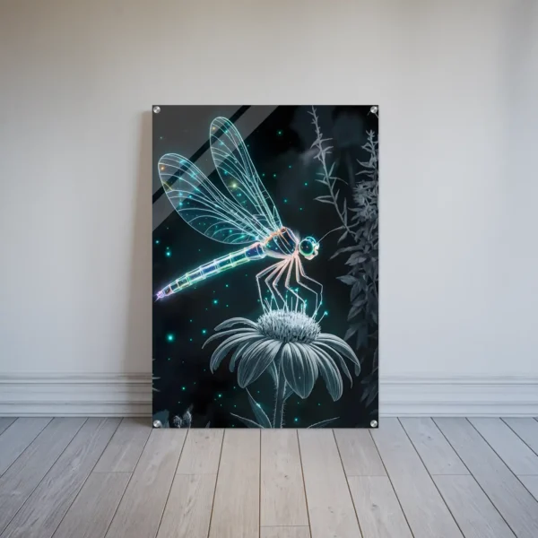 Bioluminescent dragonfly nocturnal garden acrylic print wall hanging