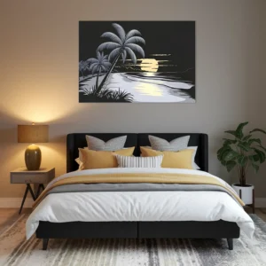 A black, white and yellow themed bedroom with beach sunset metallic artwork