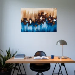 Office with abstract blue brown artwork