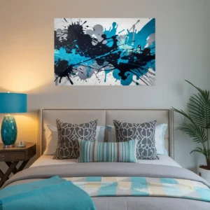 Blue gray themed bedroom decor featuring abstract splash art wall hanging