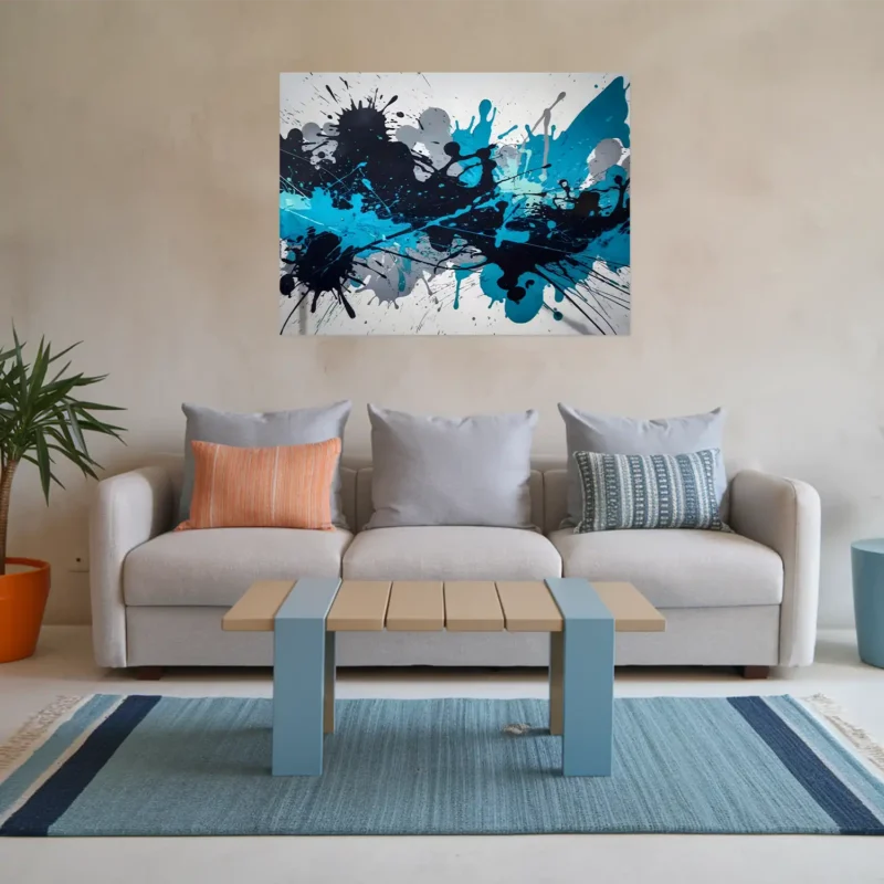 Minimalistic blue-gray themed small living room abstract splash art