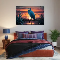 Lone heron sunset cozy bedroom wall hanging