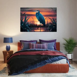 Lone heron sunset cozy bedroom wall hanging