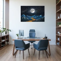 Blue-themed office decor moonlit starry night landscape wall hanging
