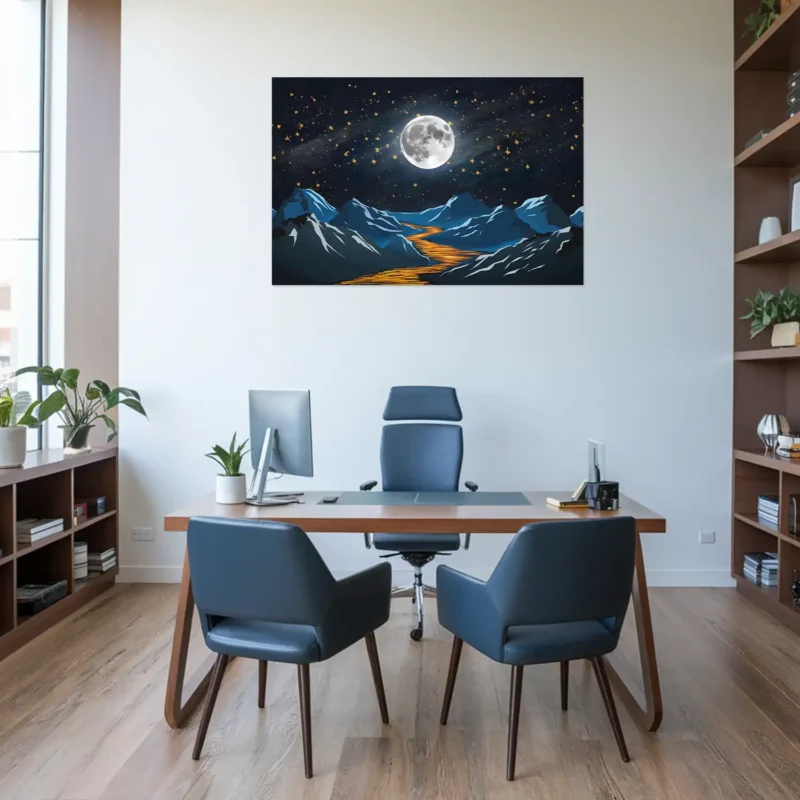 Blue-themed office decor moonlit starry night landscape wall hanging