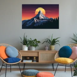 Orange-blue themed relaxation room featuring our mountain peak sunset wall artwork