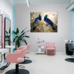 Blue, pink and purple birds beauty salon wall art