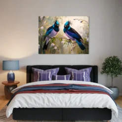 Blue-purple-themed bedroom decor duo birds wall art