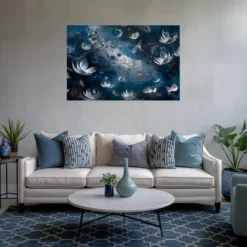 Modern blue grey/silver living room featuring our abstract floral art