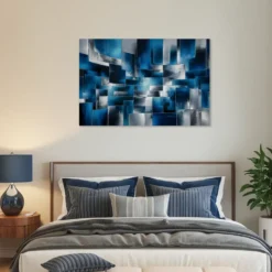 Blue silver minimalist bedroom wall decor abstract art