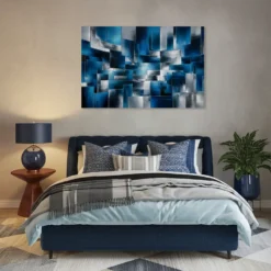 Blue silver themed bedroom decor layered abstract-art