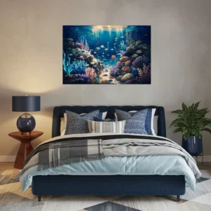 Blue themed bedroom decor with our vibrant coral reef wall art