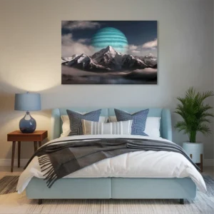 Turquoise and light blue theme bedroom decor celestial mountain landscape art work