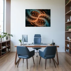 Brown teal theme office decor with xl galaxy vortex artwork