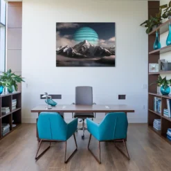 Turquoise themed office decor showcasing celestial landscape art