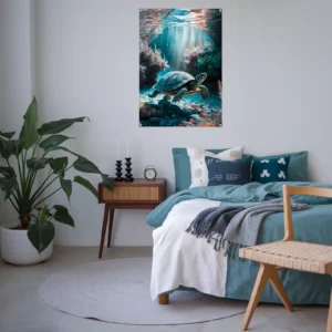 Clean modern bedroom acrylic wall decor featuring undersea swimming turtle art