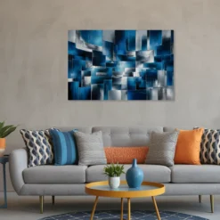 Contemporary living room with large abstract blue silver artwork