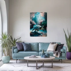 Contemporary living room wall decor with sunlit-deep blue sea turtle acrylic print