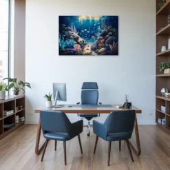 Modern marine office interior showcasing coral reef artwork