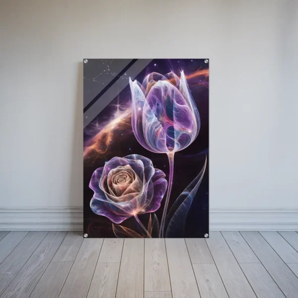 Cosmic floral radiance acrylic print wall art-Pink and purple rose and tulip decor