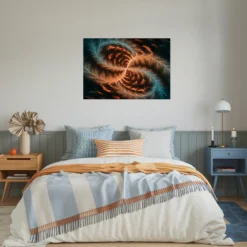 Cozy teal blue and brown themed bedroom with galaxy vortex metal wall hanging