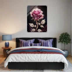 Cozy bedroom wall decor-gold-pink rose art