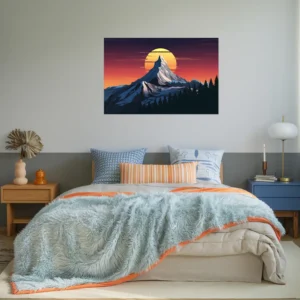 Orange and blue themed Cozy bedroom decor featuring mountain peak sunset wall aet