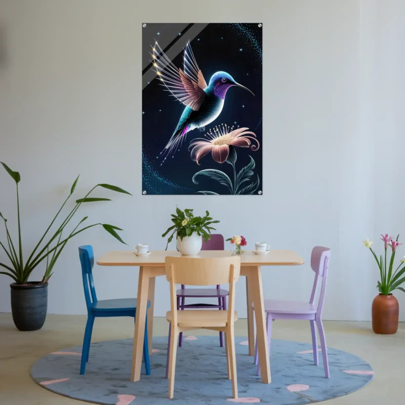 Dining wall hanging featuring luminescent hummingbird