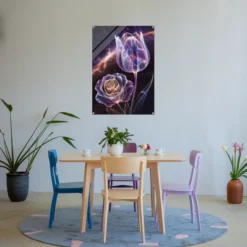 Colorful dining space with duo cosmic floral acrylic wall hanging