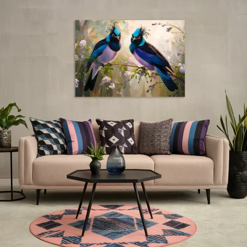 Duo blue purple exotic birds artwork in a modern living room