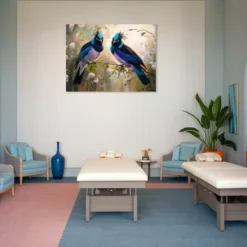 Duo exotic birds blue pink-themed spa wall hanging