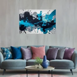 Modern living room with abstract blue gray splash art wall hanging