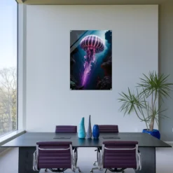 Minimalist modern office wall decor featuring luminous jellyfish print
