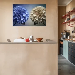 Blue beige themed kitchen wall decor hydrangea blooms artwork