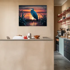 Kitchen wall hanging lone heron metallic print