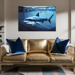 Large geometric blue shark metal print living room