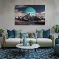 Living turquoise room with celestial mountain landscape metal print