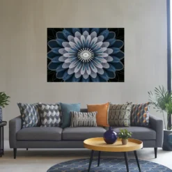 Large minimalistic blue white floral artwork modern living room