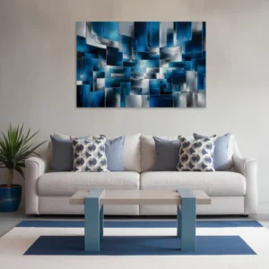 Minimalistic small blue-themed decor living room-layered abstract wall hanging