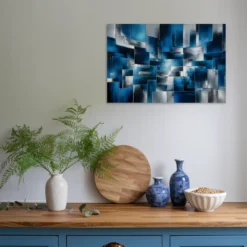 Blue silver abstract artwork kitchen wall decor